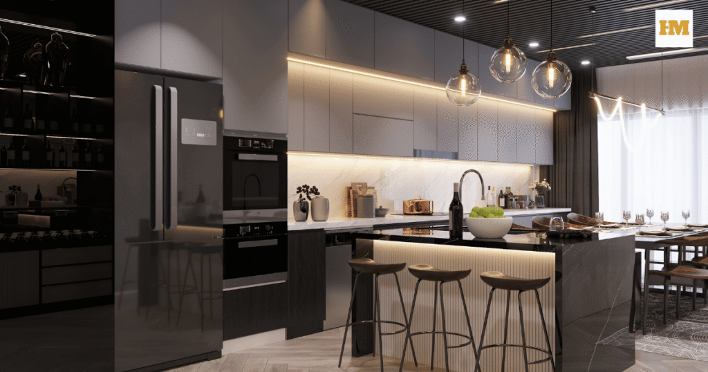 modern luxury kitchen with island and designer lighting